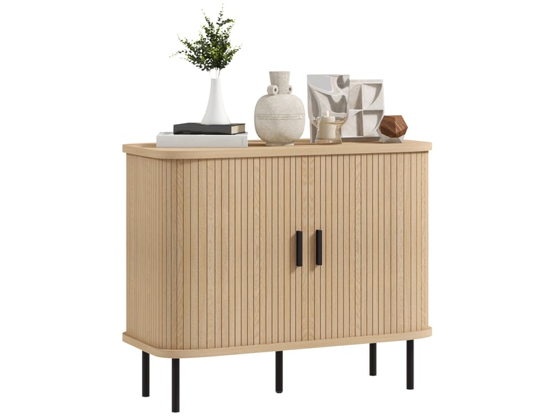  Buffet avec portes coulissantes à lattes, meuble de cuisine avec pieds en acier, aspect chêne  - Conforama A