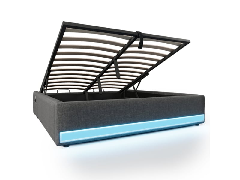  Lit rembourré, 140 x 200 cm, bande led, ports usb et type-c, petites poches de rangement, sans tête de lit, système de rangement hydraulique, matelas non inclus, gris  - Conforama D