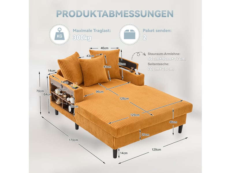  Chaise longue fixe 1 place en velours côtelé jaune moutarde avec led, usb et rangements intégrés pour le salon  - Conforama C