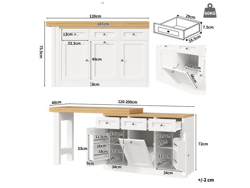  Table de bar extensible 120-200 cm avec rangement et tiroir, îlot de cuisine multifonctionnel, mdf blanc  - Conforama C