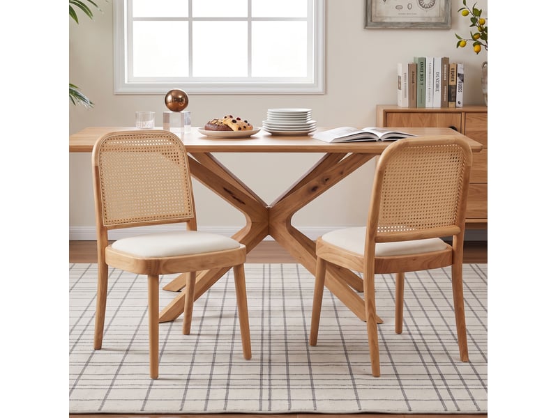  Lot de 2 chaises de salle à manger en bois, rotin et lin, coloris bois clair  - Conforama B