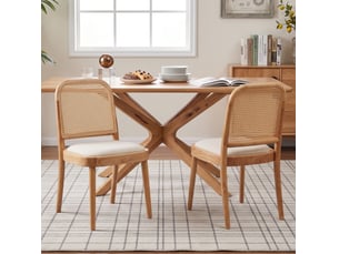 Lot de 2 chaises de salle à manger en bois, rotin et lin, coloris bois clair