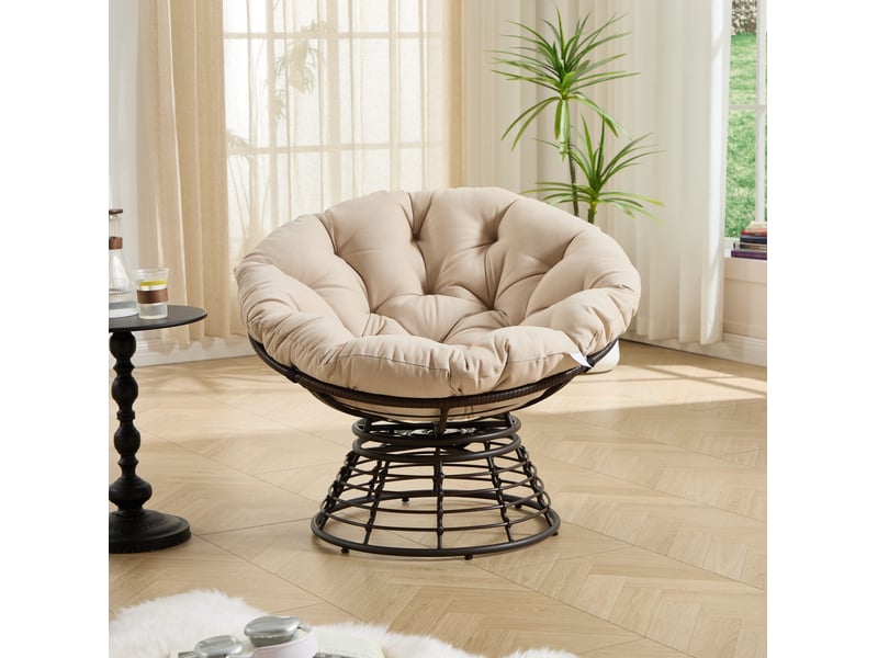  Fauteuil papasan rotatif 360° en résine tressée beige et marron, coussin épais, pour intérieur ou extérieur  - Conforama B