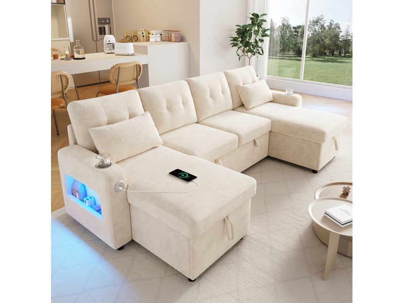 Canapé d'angle convertible 266x131x85 cm avec rangement, usb et led, beige - Conforama B