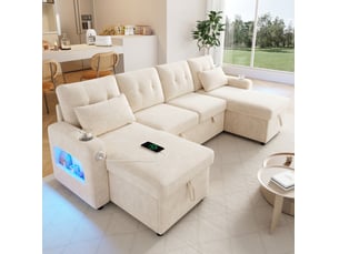 Canapé d'angle panoramique convertible <strong>MODENUIT </strong> <strong></strong> 4 places Tissu beige avec coffre de rangement