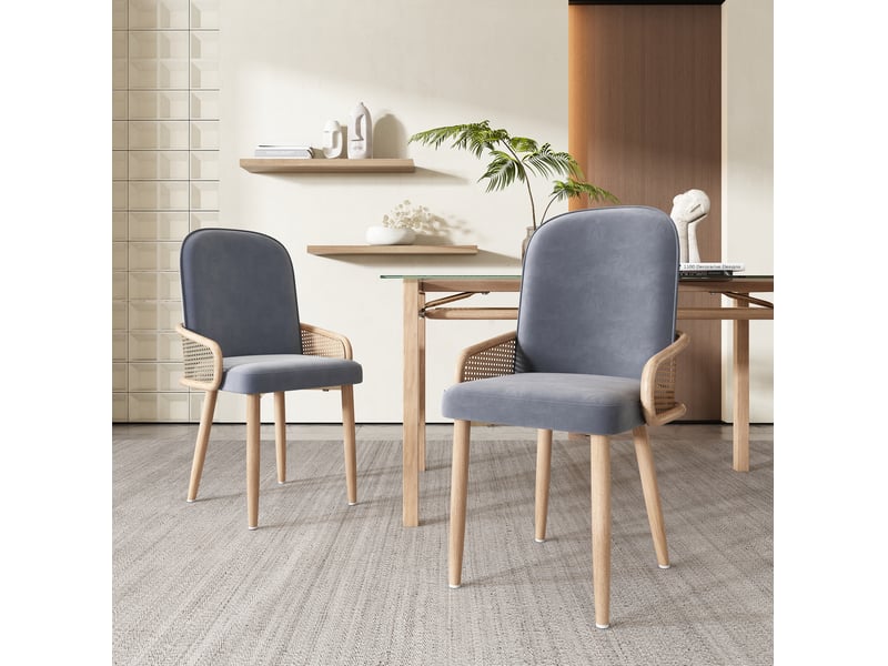  Chaises de salle à manger lot de 6 en velours avec design en rotin pe et pieds métalliques gris  - Conforama E
