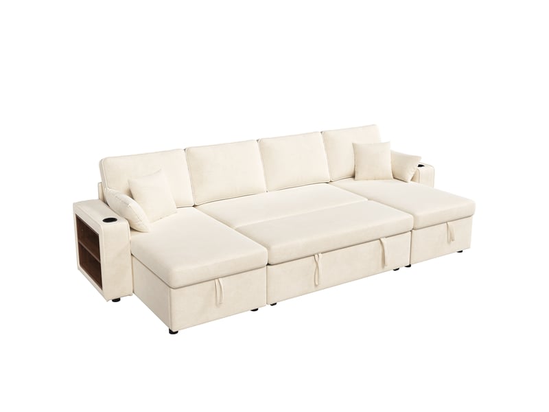 Canapé d'angle modulable 270x125x86 cm en u convertible en lit gigogne, rangements, double méridienne, usb, porte-gobelet, tablette - beige Bliss Lite - Conforama A