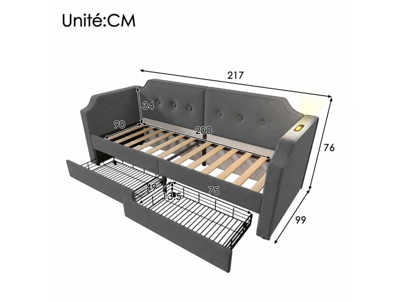  Lit banquette 200x90 cm en velours, lit simple avec 2 tiroirs, usb, type-c et lampe de lecture, sans matelas, gris  - Conforama D