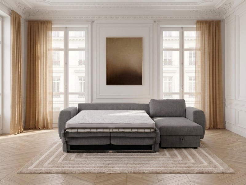  Bobochic canapé d'angle réversible convertible coffre hugo ouverture express tissu texturé gris foncé 140x190 réversible HUGO - Conforama D