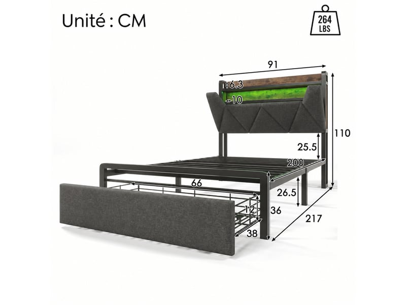 Lit avec tiroir 90x200 cm en lin, lit simple avec rangement au chevet, usb, type-c et led, matelas inclus, gris - Conforama D