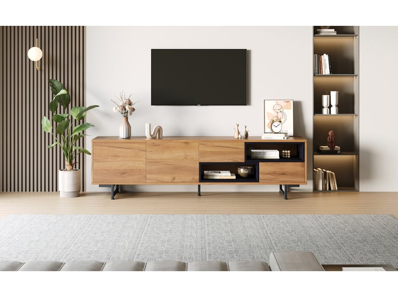  Meuble tv bas à niches ouvertes et rangements fermés, panneaux de particules, 173 × 38 × 48 cm, bois naturel  - Conforama D