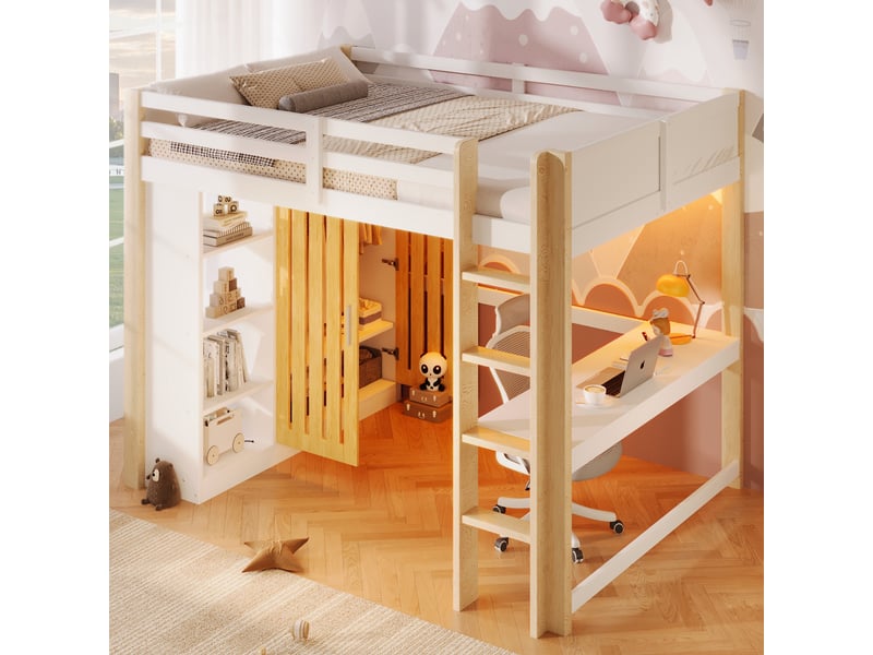  Lit mezzanine 140x200 cm avec bureau armoire led et étagères lit enfant avec échelle en pin et mdf blanc bois naturel BUYDEEMEUS - Conforama C