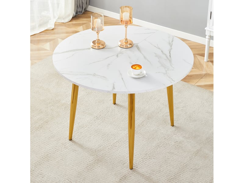 Table de salle à manger extensible ronde à ovale avec plateau en mdf et pieds métalliques dorés pour repas, blanche - Conforama B