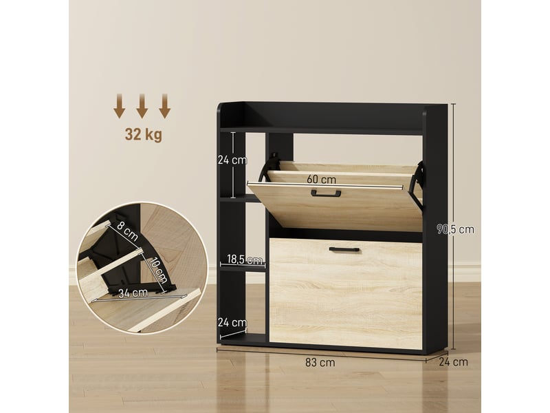  Meuble à chaussures étroit avec 2 portes 3 étagères latérales et étagères réglables pour 15 paires en bois naturel et noir  - Conforama C