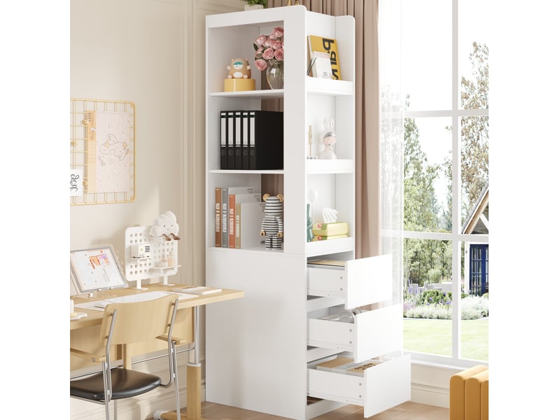  Bibliothèque 60x40x200 cm, 3 tiroirs réversibles, meuble salon et chambre, meuble entrée, panneau de particules, blanc  - Conforama E