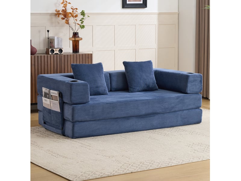 Canapé-lit convertible 2 places 185 x 92,5 x 60 cm – bleu foncé – velours côtelé, accoudoirs rabattables - Conforama B