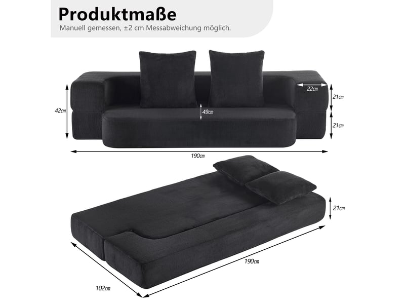  Canapé convertible 2 places pliable en matelas  - mousse haute densité avec coussins, mousse - noir  - Conforama D