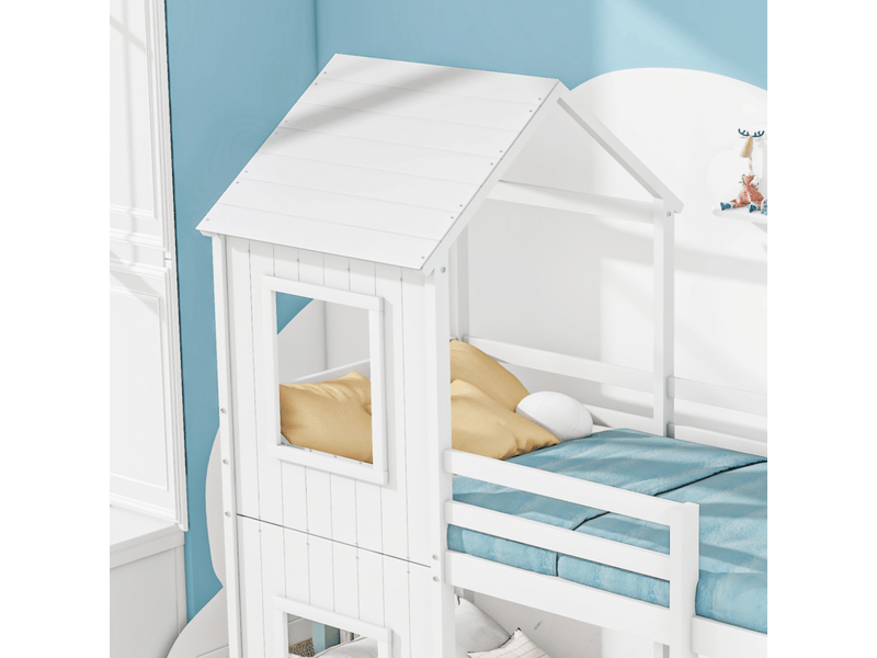  Lits superposés enfant 90*200 cm, lit maison avec échelle et baldaquin, du sol au plafond, pin blanc, sans matelas  - Conforama R