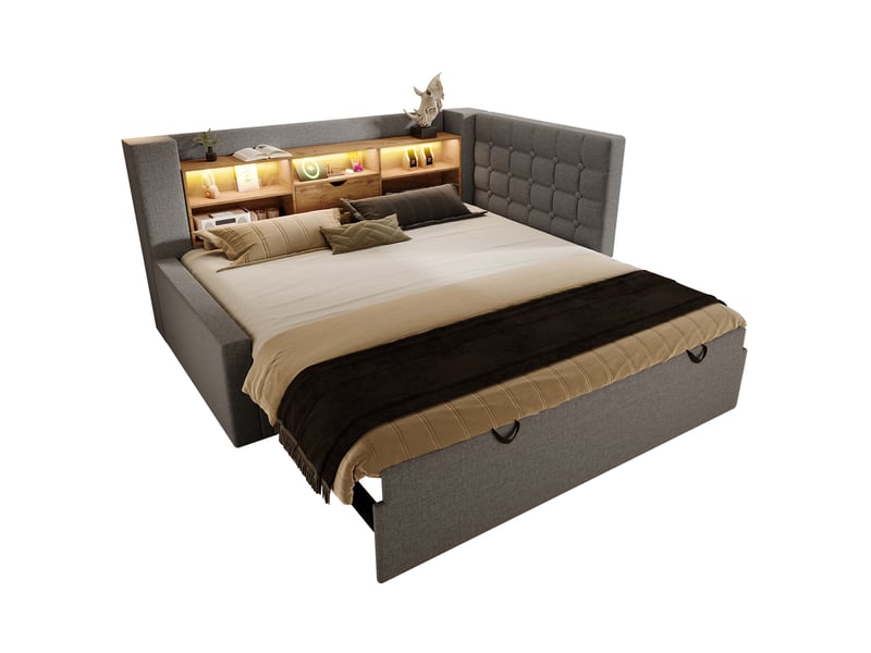  Lit gigogne 90x200 cm avec rangement et led intégré - tête de lit en l, ports usb, lin gris  - Conforama A