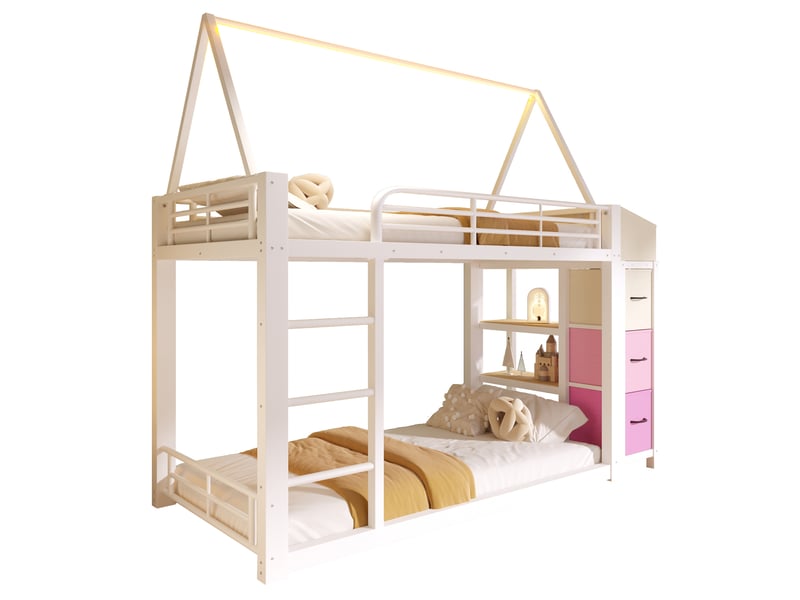  Lit mezzanine cabane 90 x 200 cm avec étagères ouvertes, tiroirs en tissu et led multicolore, structure en mdf et métal blanc, sans matelas  - Conforama W