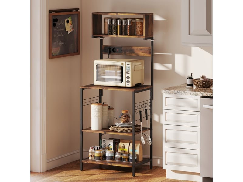  Étagère de cuisine avec prises 60x42x153cm, meuble micro-ondes industriel marron rustique (sans matelas).  - Conforama C