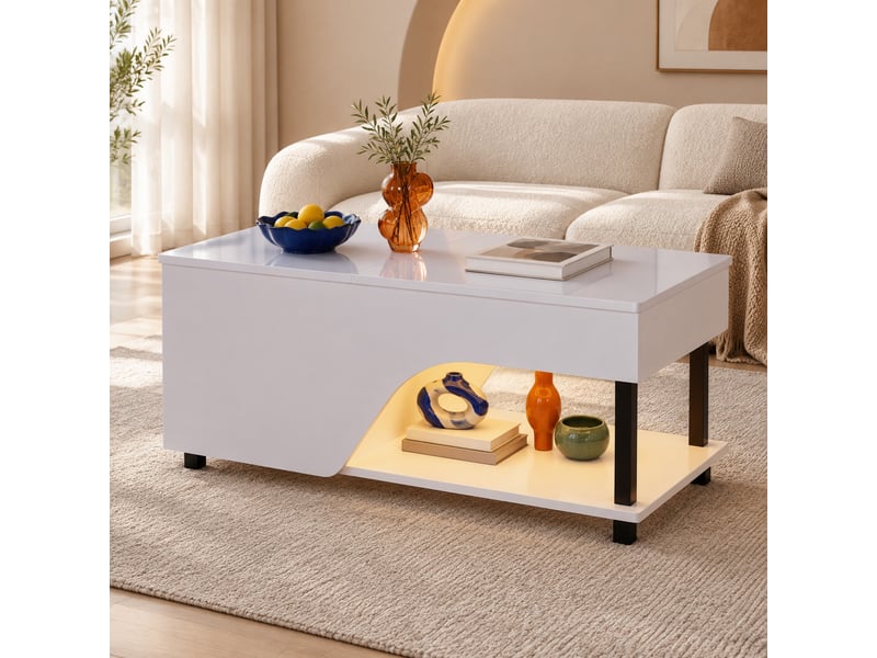  Table basse 50x100x46 cm réglable en hauteur avec led, panneau de particules blanc  - Conforama C