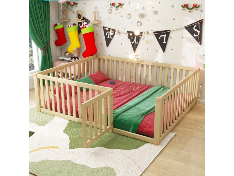  Lit enfant 140x200cm,lit double en bois massif avec barrière et porte,naturel lit enfant naturel - Conforama B