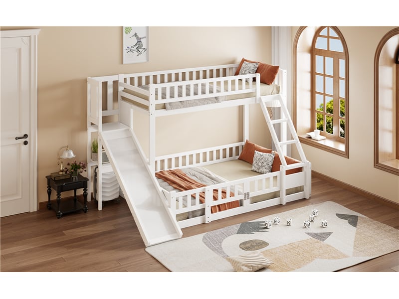 Lit superposé 90 et 140x200 cm, toboggan, échelle, étagères et porte au niveau inférieur, pin et panneaux mdf, blanc  - Conforama B