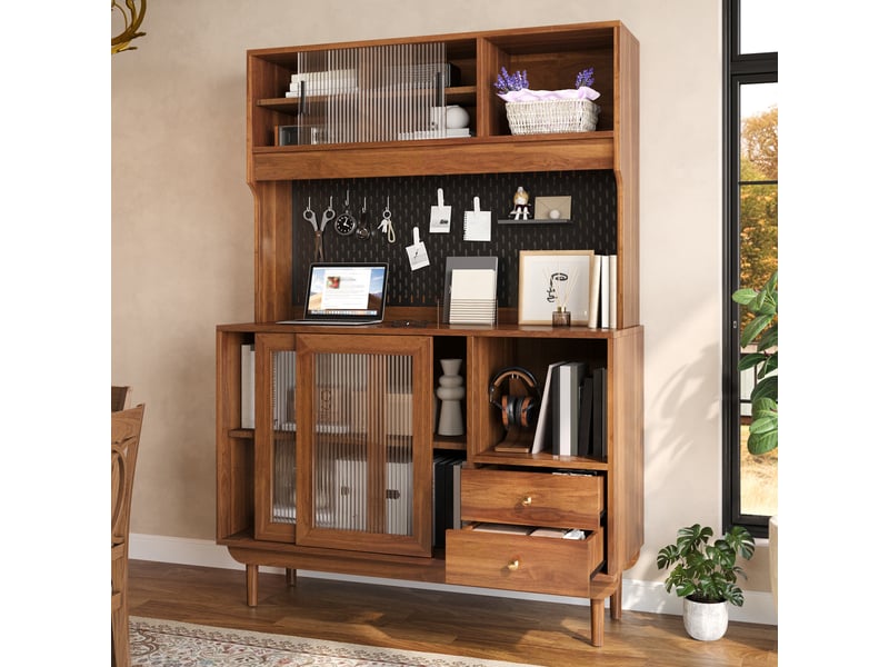Buffet cuisine 4 portes coulissantes et 2 tiroirs, 117 x 30 x 170 cm, panneau perforé, niches ouvertes et pieds surélevés, mdf, couleur noyer Morn Vibe - Conforama D