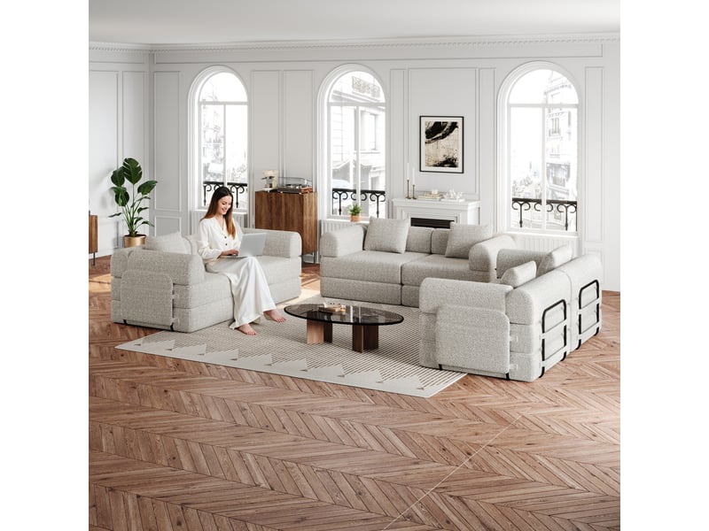  Canapé modulable 2-en-1 en chenille, canapé-lit avec espace de rangement dans les accoudoirs, structure métallique et configuration libre - kaki  - Conforama B