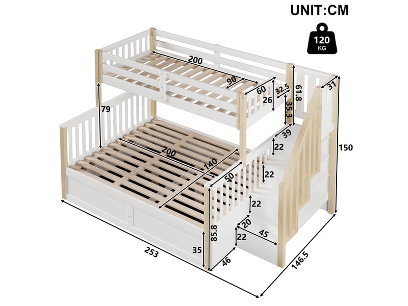  Lit superposé 90x200 et 140x200 cm avec escalier de rangement et coffre hydraulique, en pin, blanc et naturel  - Conforama C