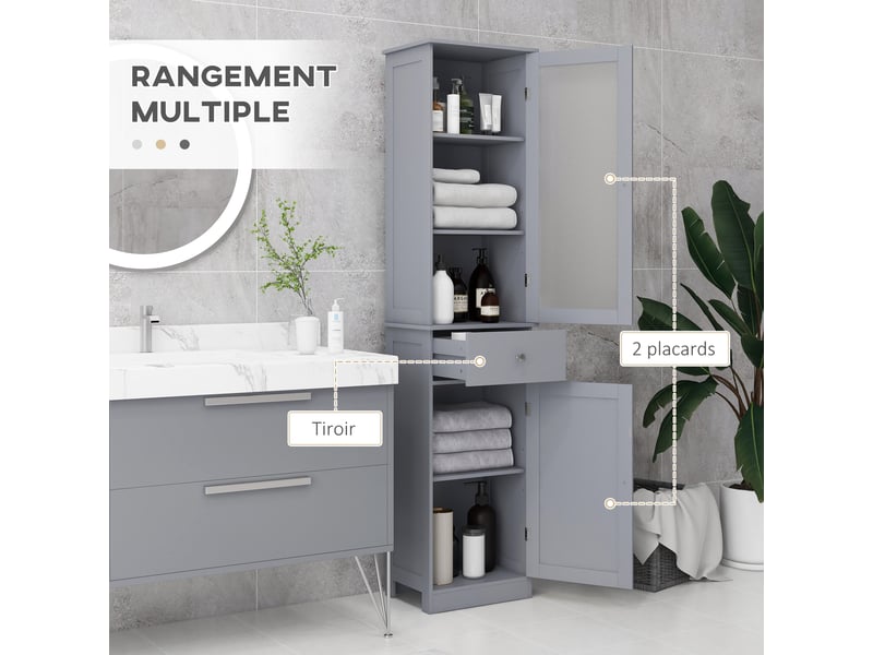 Meuble colonne de salle de bain placard porte acrylique 2 étagères porte placard 1 étagère tiroir mdf gris - Conforama A