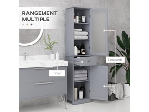 Meuble colonne de salle de bain placard porte acrylique 2 étagères porte placard 1 étagère tiroir mdf gris