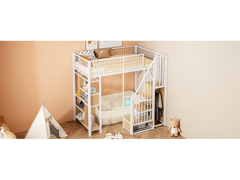 Lit mezzanine 90 x 200 cm, escalier, étagères de rangement, espace libre sous le lit, sommier à lattes, pour la chambre, métal et bois, blanc ABC - Conforama E