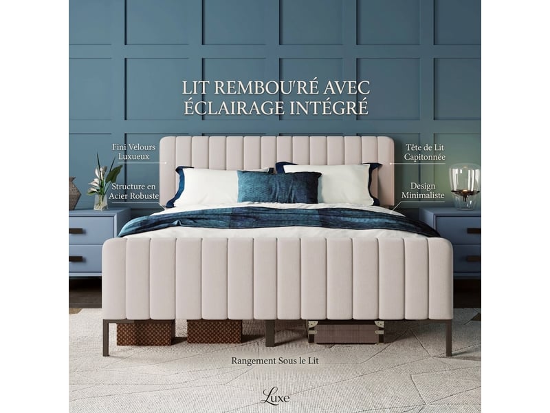  Lit double 140x200 gris beige capitonné avec sommier à lattes et tête de lit réglable, sans matelas  - Conforama B