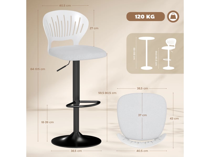  Lot de 2 tabourets de bar pivotants à 360°, hauteur réglable de 84 à 105 cm, dossier creux, repose-pieds, blanc  - Conforama E