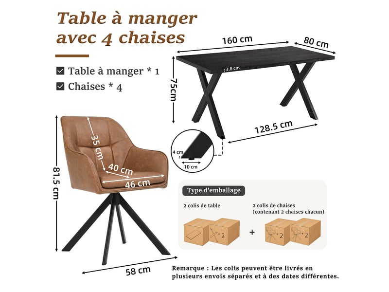 Ensemble table et 4 chaises - table rectangulaire 160x80 cm monobloc en chêne noir et pieds métal, 4 chaises en pu marron et pieds métal - Conforama C