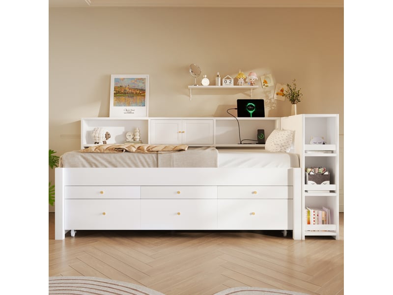 Lit enfant 90x200 cm, lit gigogne, 3 tiroirs et port usb blanc, sans matelas - Conforama W