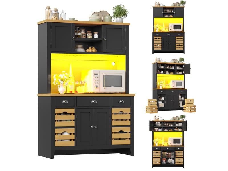 Armoire haute de rangement avec portes, étagères réglables, paniers et éclairage led rgb - noir - Conforama A