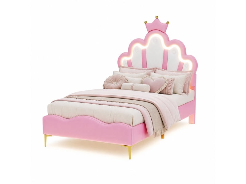 Lit enfant 200x90 cm en similicuir, lit simple avec couronne, led et hauteur réglable, sans matelas, rose  - Conforama A
