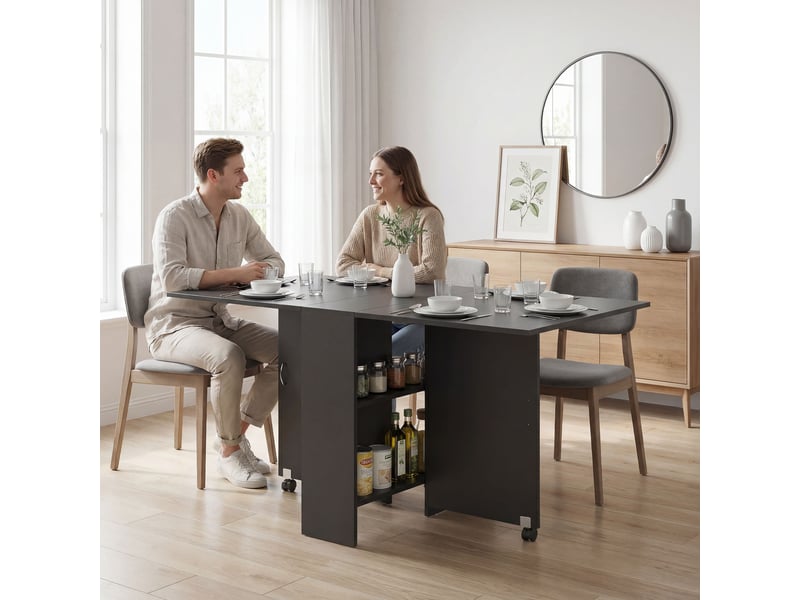  Table de cuisine pliante à 2 roulettes, 2 étagères de rangement et 2 rallonges rabattables, style moderne, 75 x 140 x 74 cm, noire  - Conforama D
