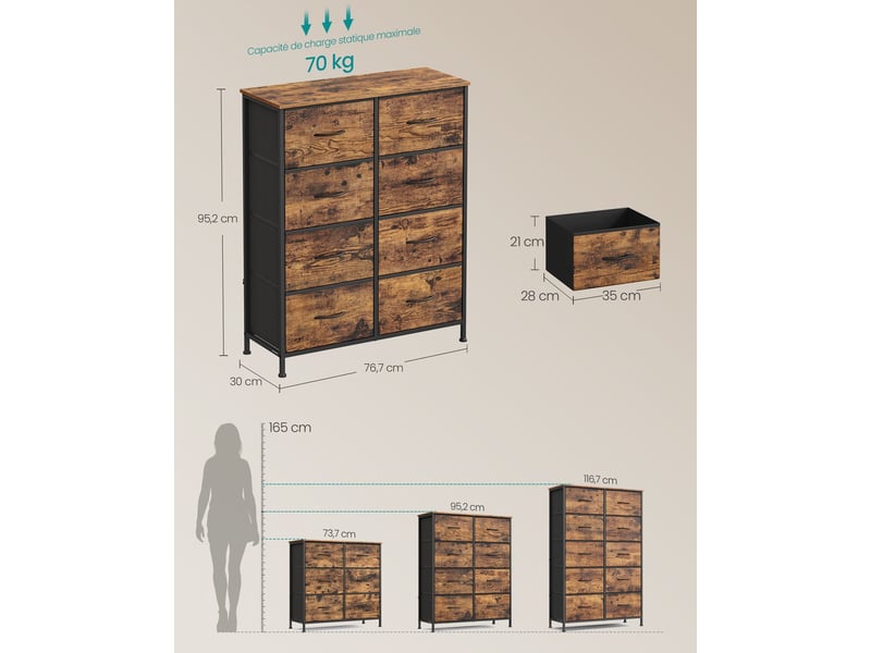  Commode de rangement 30 x 76,7 x 95,2 cm capacité 30 kg design rustique contemporain en mdf marron 12_0012444  - Conforama B