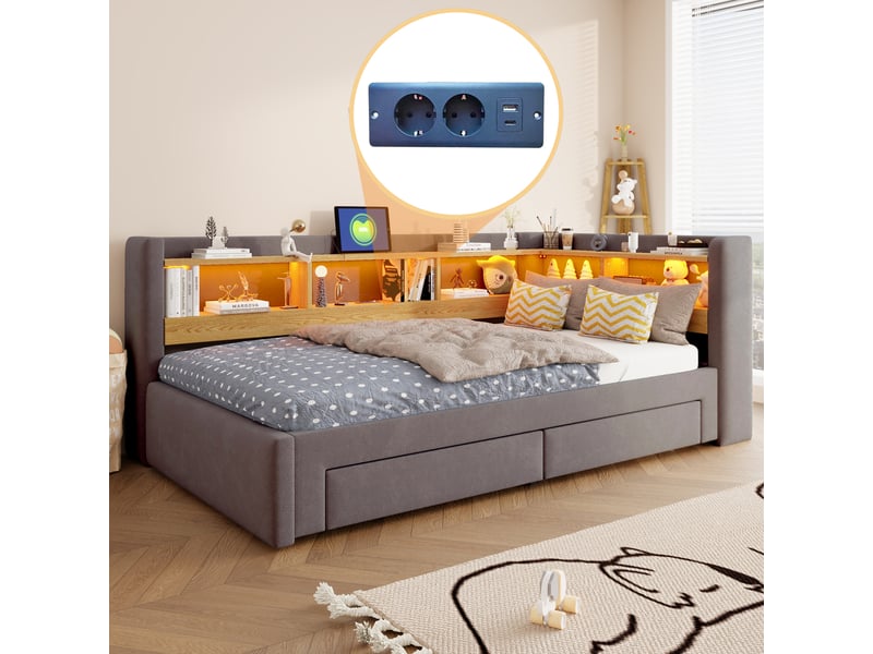 Lit gigogne 90x200 cm avec lit tiroir extensible 180x200 cm, rangement, led et prise, lit banquette multifonction en velours - gris foncé - Conforama B
