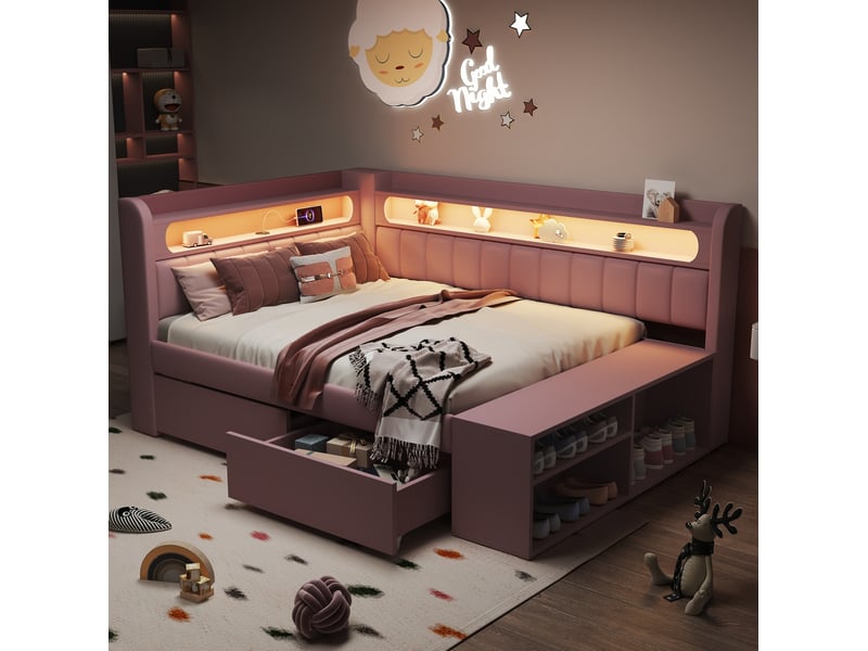  Modenvie lit de jour 90x200 cm - led, usb et 2 tiroirs avec meuble à chaussures - pour chambre - rose  - Conforama D