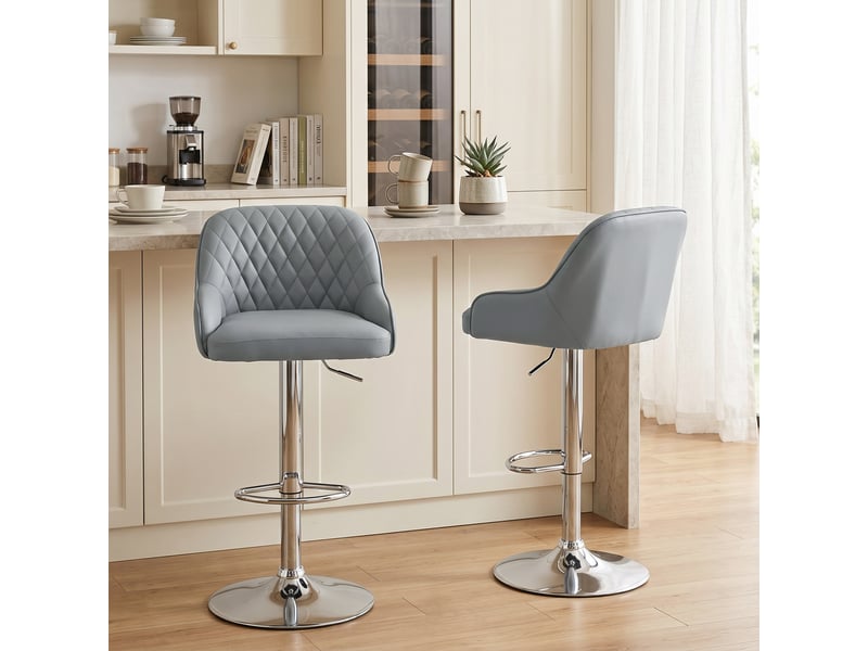  Ensemble de 2 tabourets de bar pivotants et réglables en hauteur avec dossier, similicuir, gris clair  - Conforama D