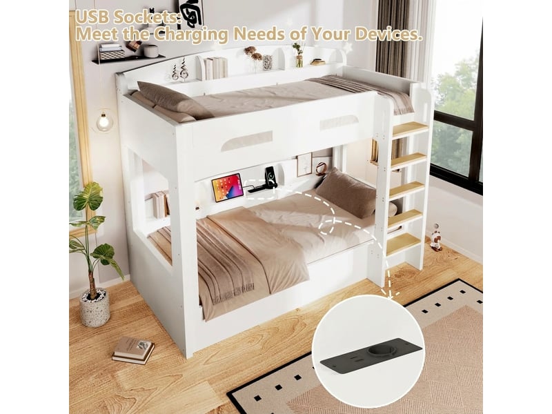  Lit superposé 90x200 avec rangements et prise usb, lit mezzanine blanc en bois massif, 150 kg  - Conforama E
