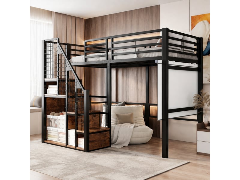  Lit mezzanine enfant simple 90×200 cm rangement, penderie et échelle sécurisée  - sans matelas, métal - noir  - Conforama B
