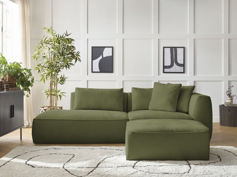  Bobochic canapé droit fixe 3 places leopold tissu texturé avec pouf vert foncé  accoudoir droit LEOPOLD - Conforama D