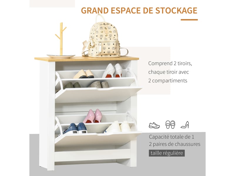  Meuble à chaussures 12 paires, armoire à chaussures étroite avec 2 tiroirs rabattables et étagères réglables, style moderne, pour couloir, entrée, blanc et bois naturel, 72 x 26 x 80 cm  - Conforama R