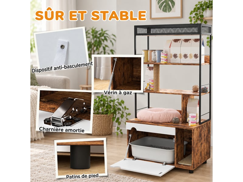 Meuble cache-litière 2-en-1 80x48x152 cm,avec étagère 3 niveaux, poteau à griffer et porte rabattable, brun rustique - Conforama D
